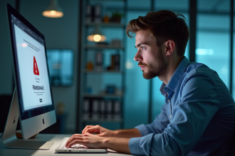 Jeune homme concentré face à un ordinateur avec alerte ransomware