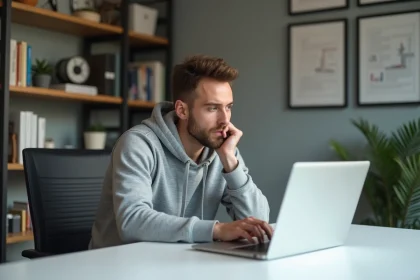 Jeune homme pensif dans un bureau moderne et organisé