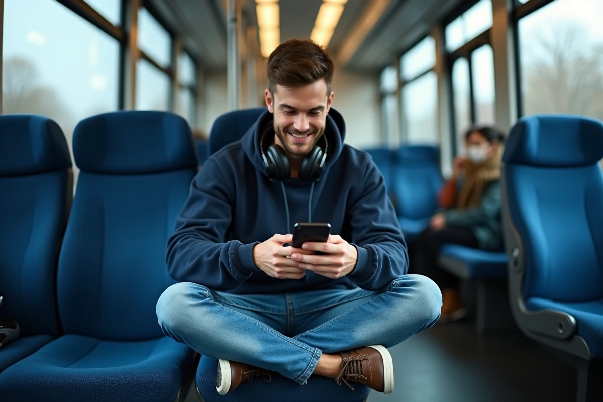Jeune homme utilisant son smartphone Android longue durée lors d'un trajet en train