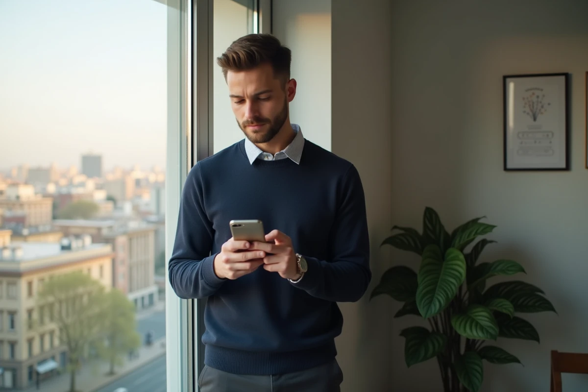Jeune homme consulte Instagram Stories dans un appartement