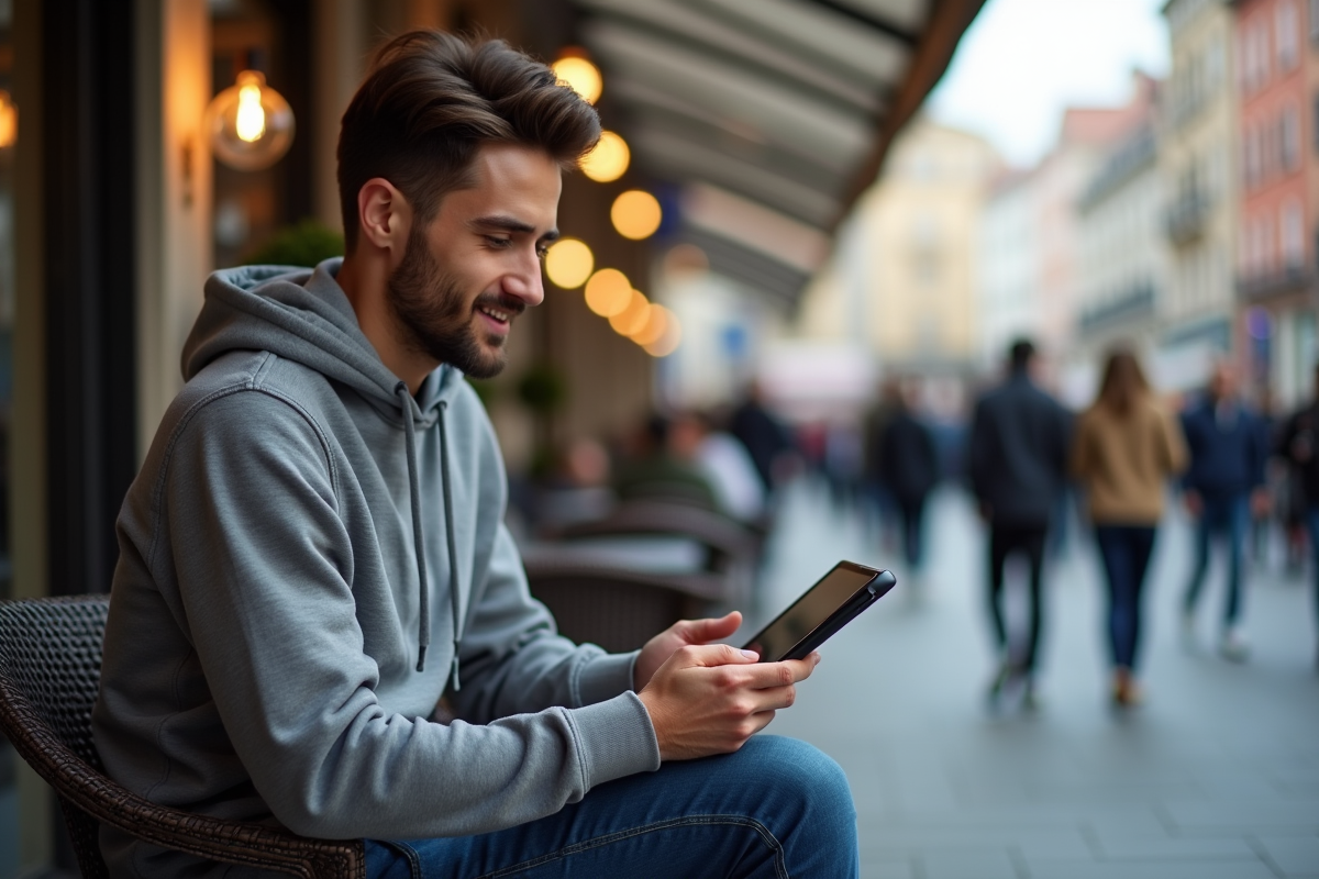 Jeune homme travaillant ses stratégies SEO en extérieur