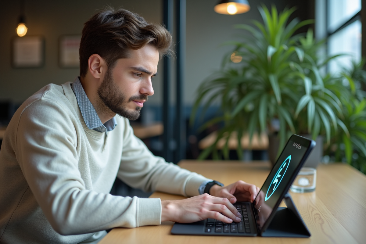 Jeune homme utilisant un dispositif braille dans un espace de coworking
