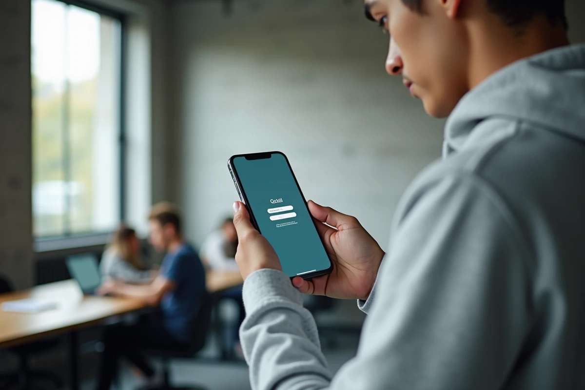 Jeune professionnel consultant sa messagerie webmail sur smartphone dans un espace de coworking