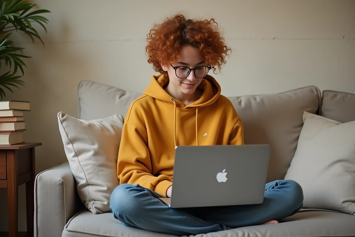 Jeune personne retouchant une photo sur MacBook Air dans un salon cosy avec application native macOS