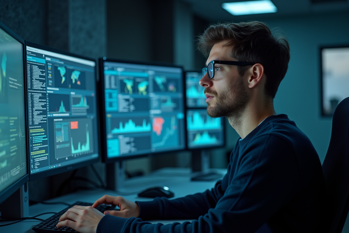 Jeune homme surveillant des tableaux de sécurité informatique