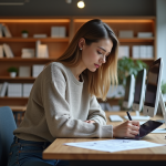 Jeune femme UX designer esquissant des wireframes dans un bureau moderne