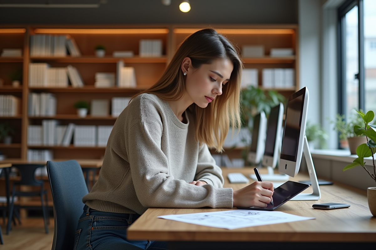 Jeune femme UX designer esquissant des wireframes dans un bureau moderne