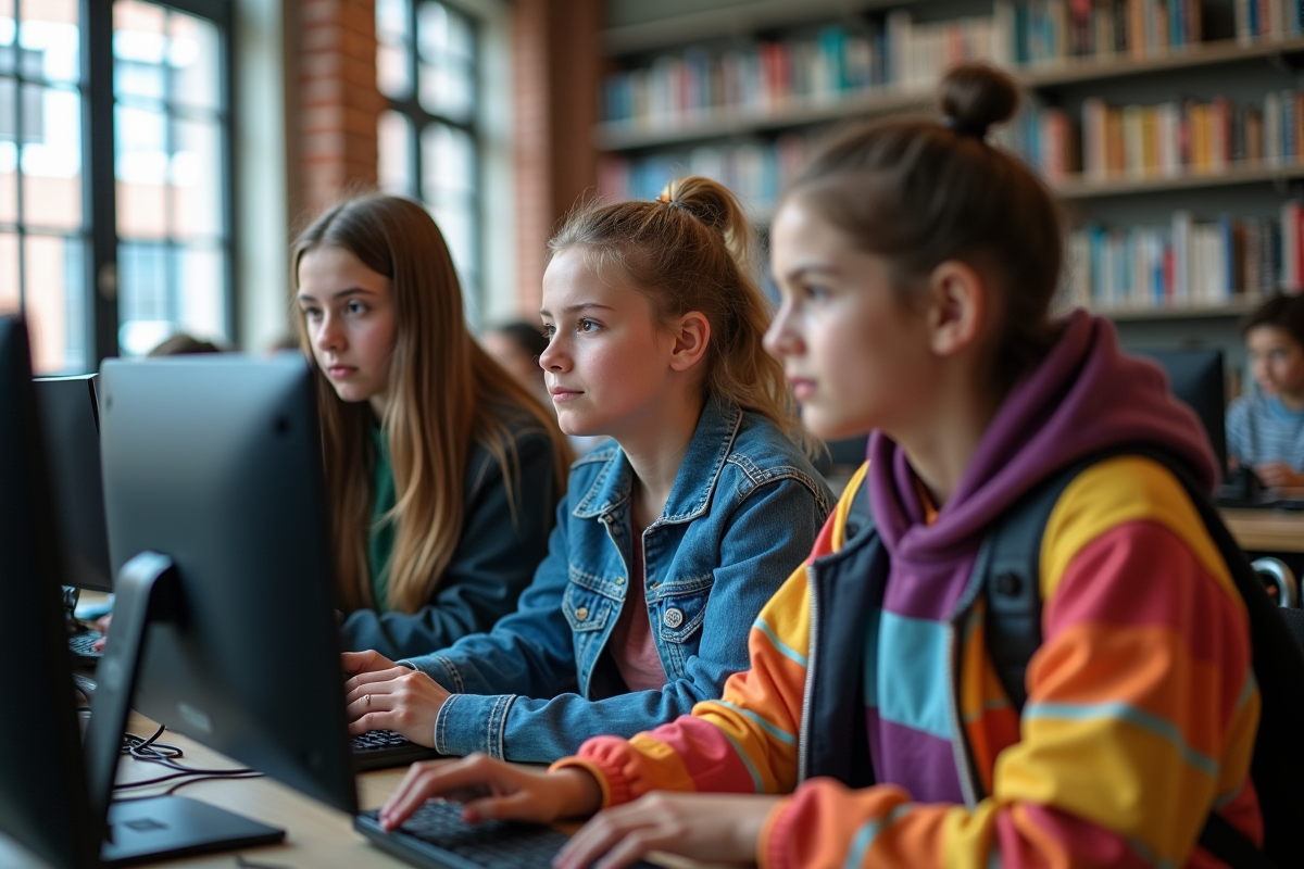 Jeunes diversifiés utilisant un ordinateur dans une bibliothèque