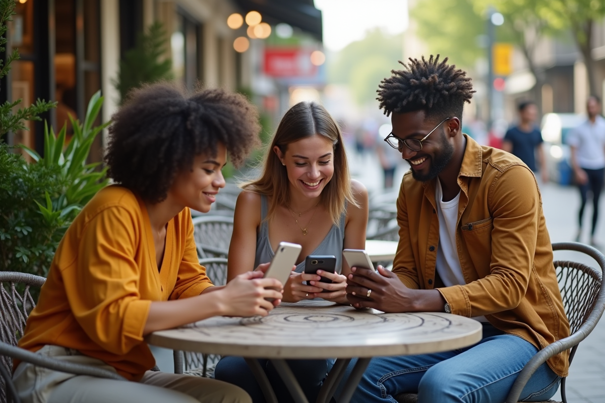 Groupe de jeunes adultes au café avec smartphones