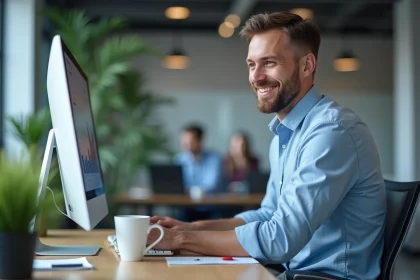 Homme en bureau open-space jouant discrètement sur ordinateur avec un onglet de jeu caché derrière un tableur