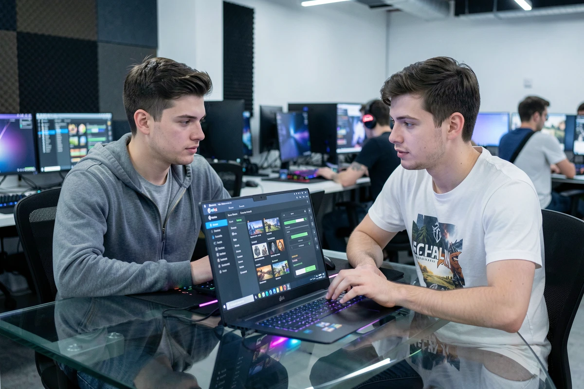 Deux joueurs évaluant une solution d'hébergement FiveM clé en main dans un espace gaming collaboratif