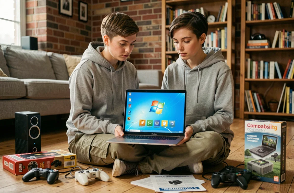 Joueuse rétro configurant Windows 7 sur un laptop entourée de manettes vintage et boîtes de jeux PC
