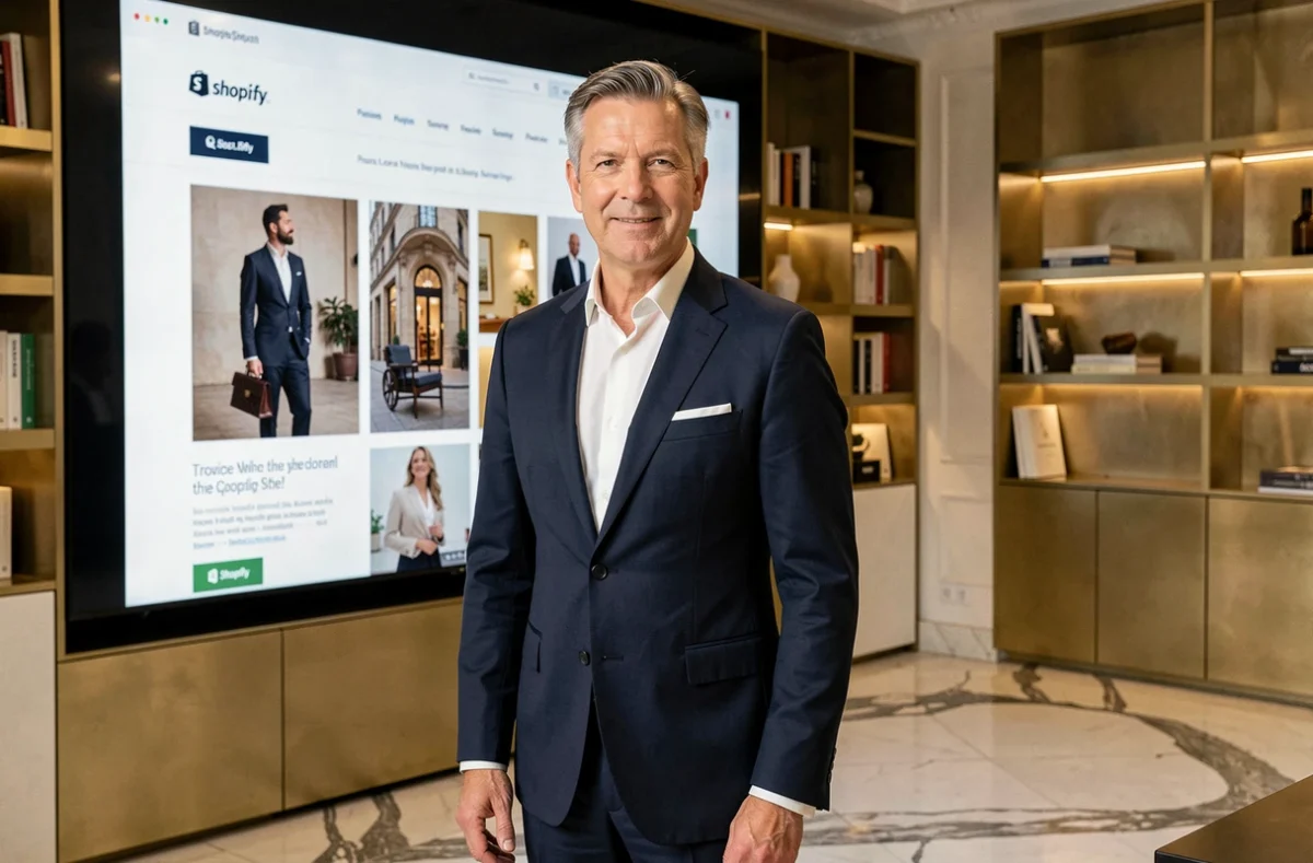 Directeur créatif d'une agence Shopify haut de gamme à Paris devant un écran affichant une boutique en ligne luxueuse