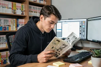 Jeune homme lisant un manga scanné sur son bureau entouré de volumes de mangas en français et japonais