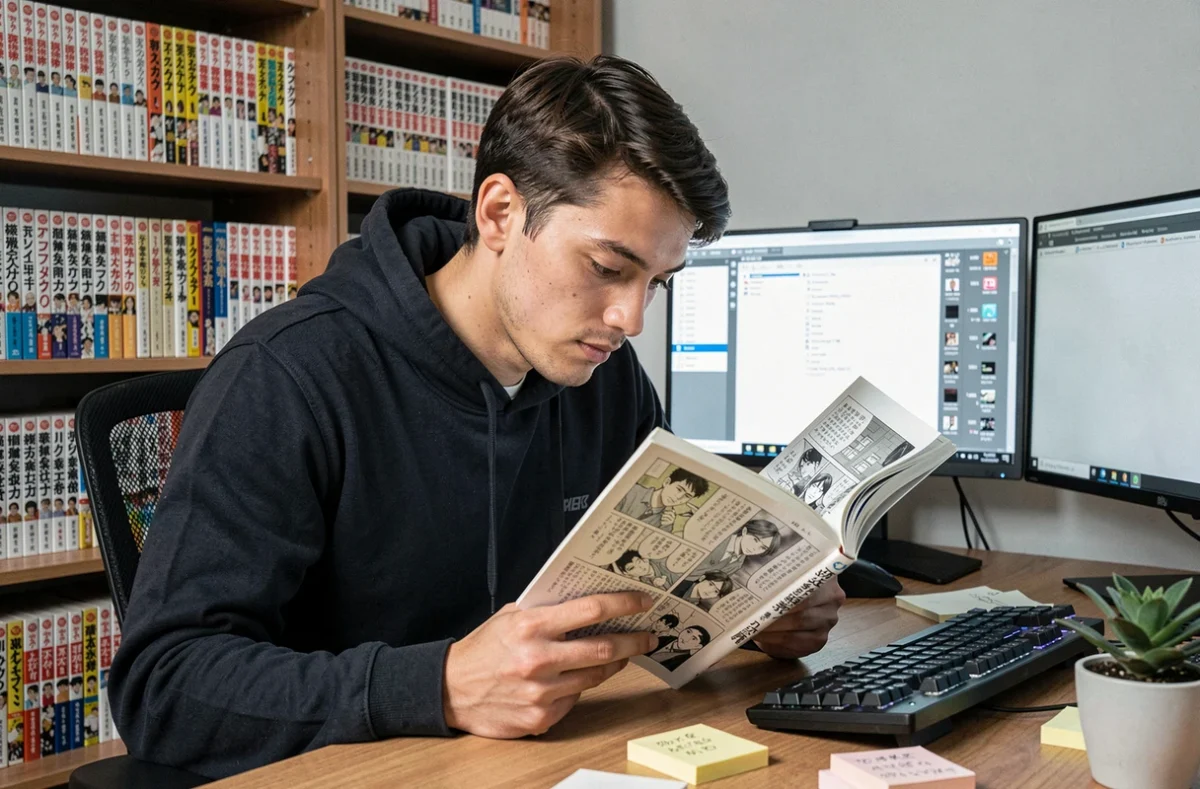 Jeune homme lisant un manga scanné sur son bureau entouré de volumes de mangas en français et japonais