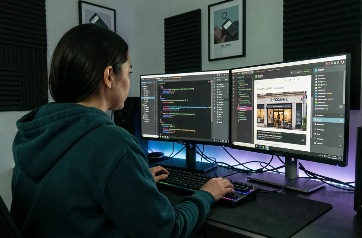Développeuse spécialisée Shopify travaillant sur du code Liquid dans un studio de développement web parisien