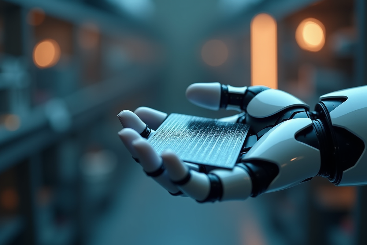 Main robotique tenant une plaquette de silicium dans un laboratoire