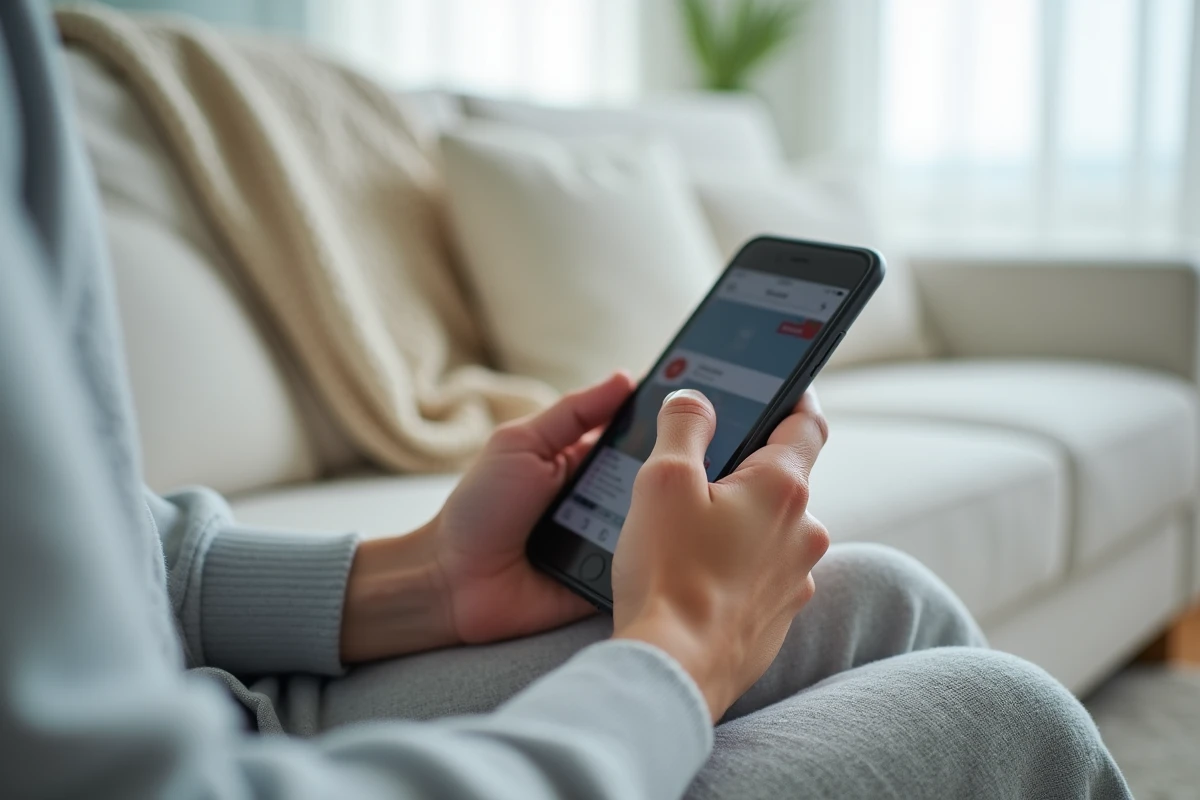 Gros plan de mains tenant un smartphone affichant l'interface Instagram Stories dans un salon épuré