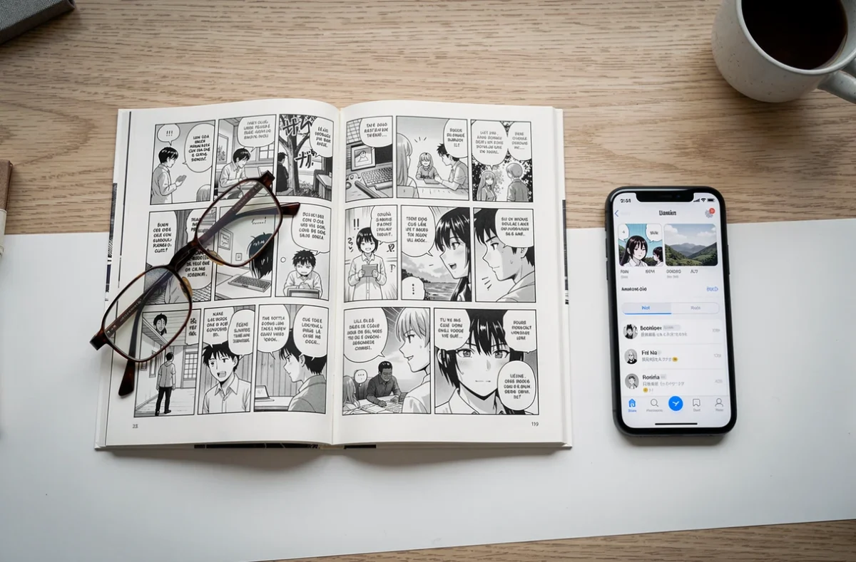 Vue aérienne d'un manga ouvert avec traduction française posé sur un bureau minimaliste avec smartphone affichant une application de lecture