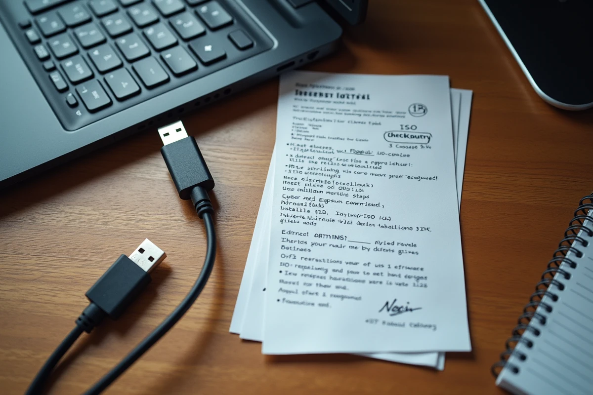 Vue de dessus d'un bureau avec clé USB, fiche de vérification ISO et notes pour installer Windows 7 sans erreur