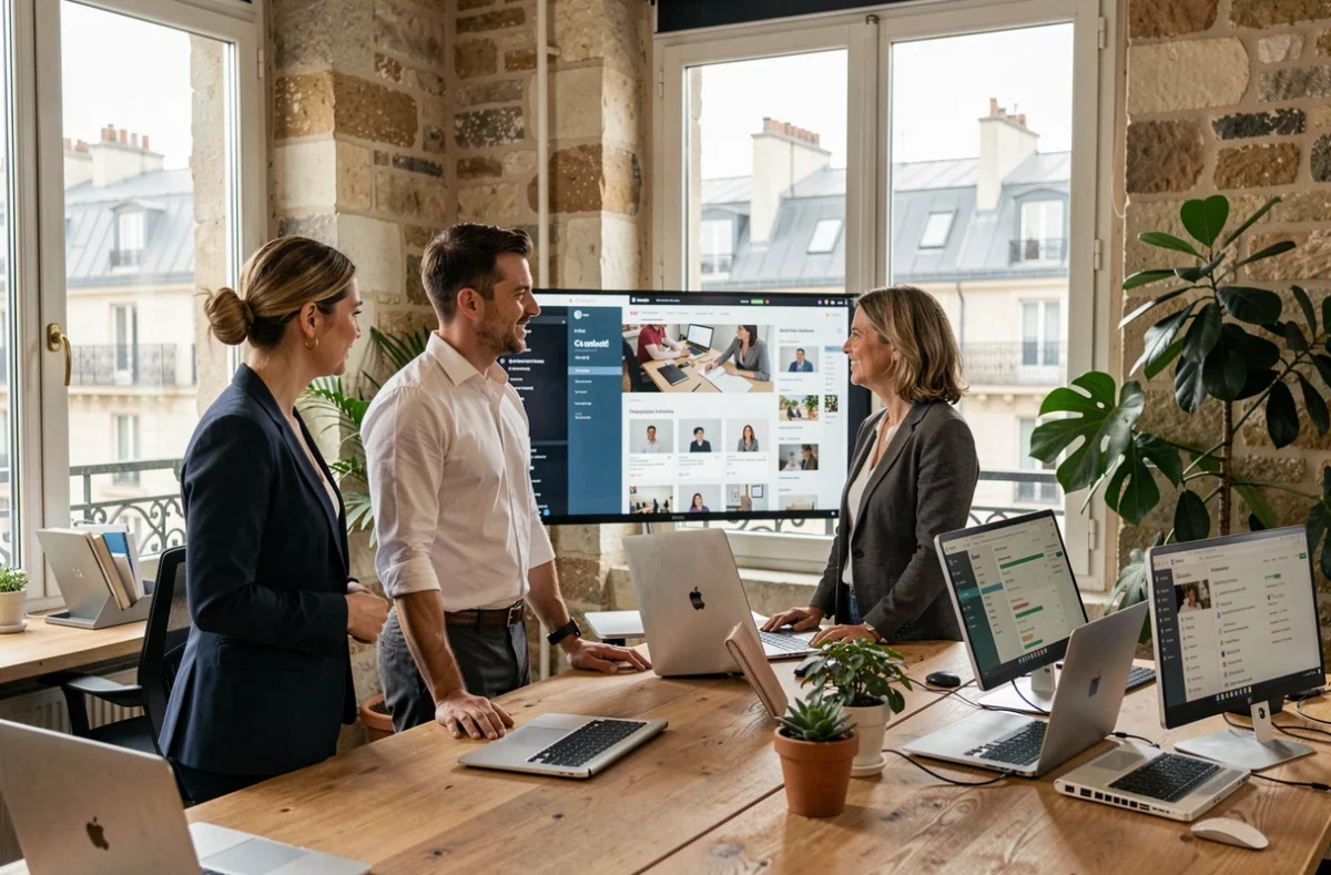 Équipe d'une agence Shopify parisienne travaillant sur un projet e-commerce dans un bureau moderne avec vue sur les toits de Paris