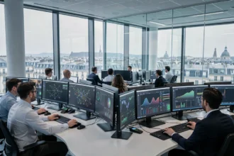Centre opérationnel de cybersécurité en Île-de-France avec analystes surveillant des tableaux de bord de menaces en temps réel