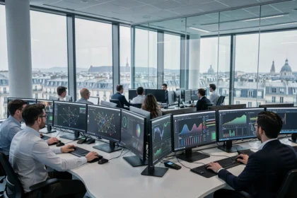 Centre opérationnel de cybersécurité en Île-de-France avec analystes surveillant des tableaux de bord de menaces en temps réel