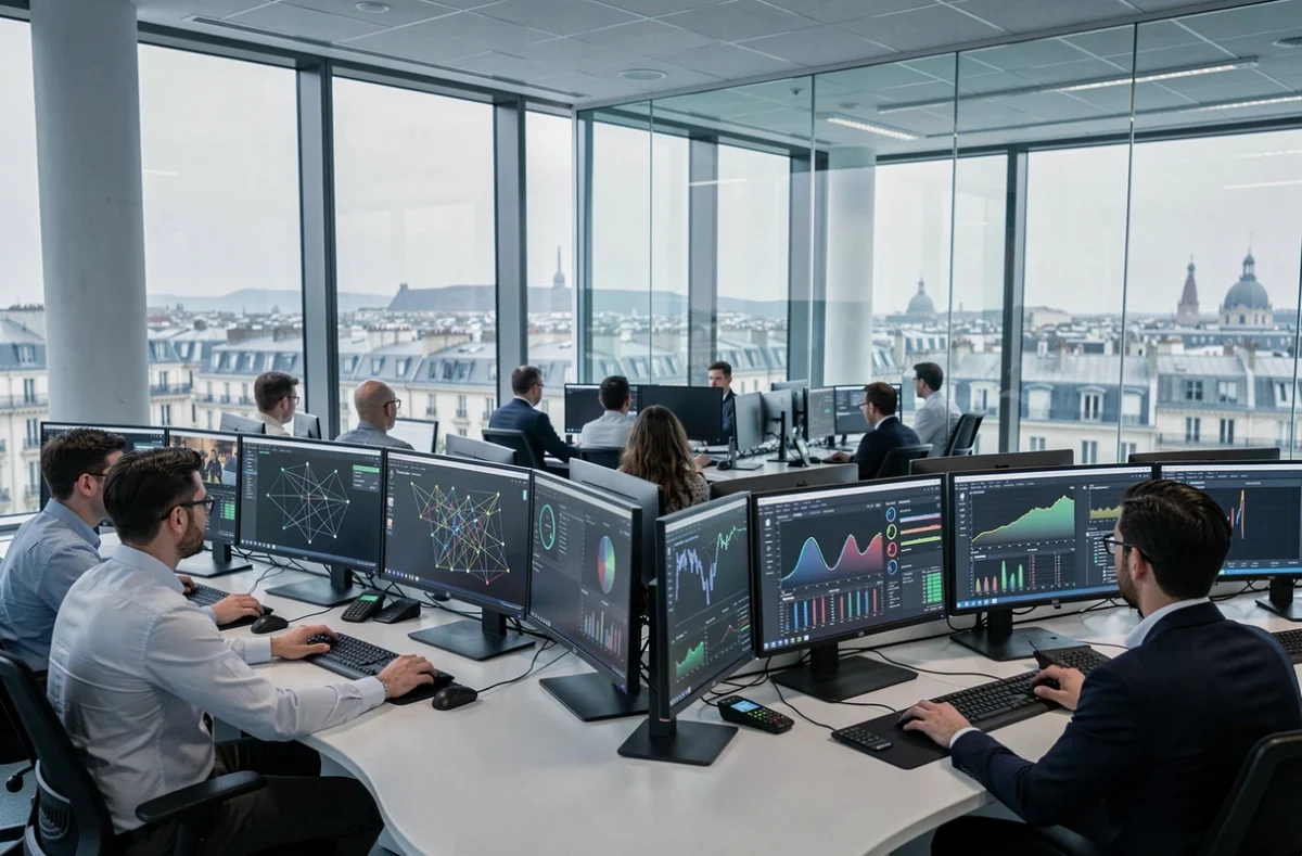 Centre opérationnel de cybersécurité en Île-de-France avec analystes surveillant des tableaux de bord de menaces en temps réel