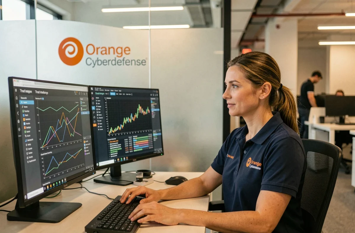 Ingénieure en cybersécurité chez Orange Cyberdefense analysant des données de menaces sur un tableau de bord réseau