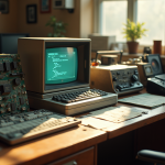 Ordinateur vintage avec disquettes sur un bureau en bois