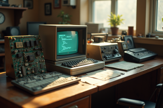 Ordinateur vintage avec disquettes sur un bureau en bois
