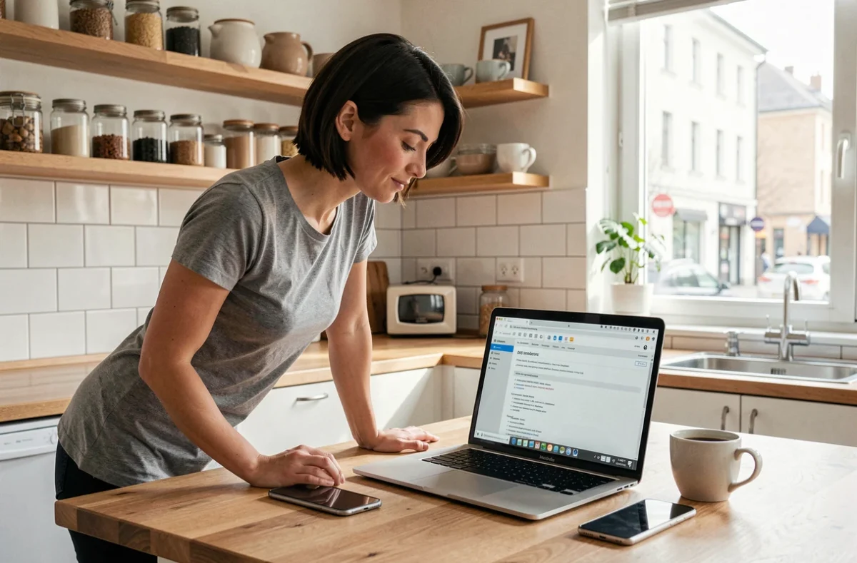 Femme consultant les paramètres DNS sur un ordinateur portable dans une cuisine moderne