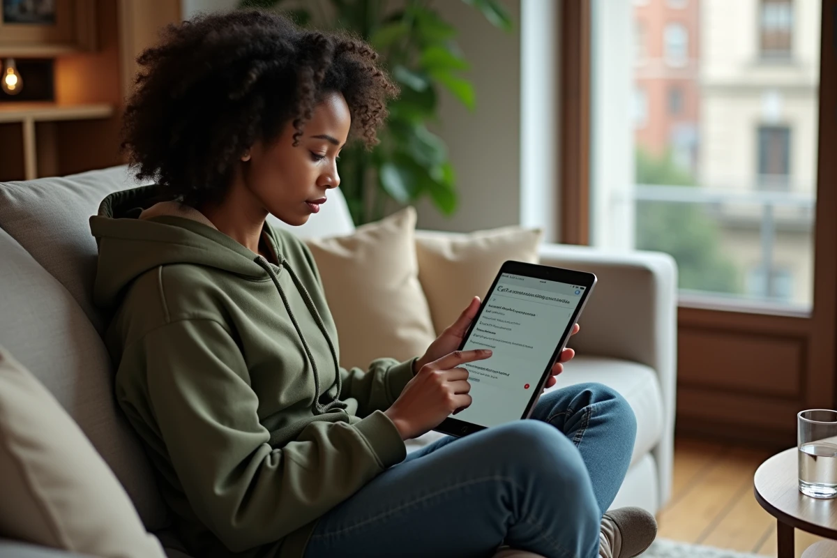 Personne consultant les paramètres de configuration d'une messagerie mail sur tablette depuis son canapé