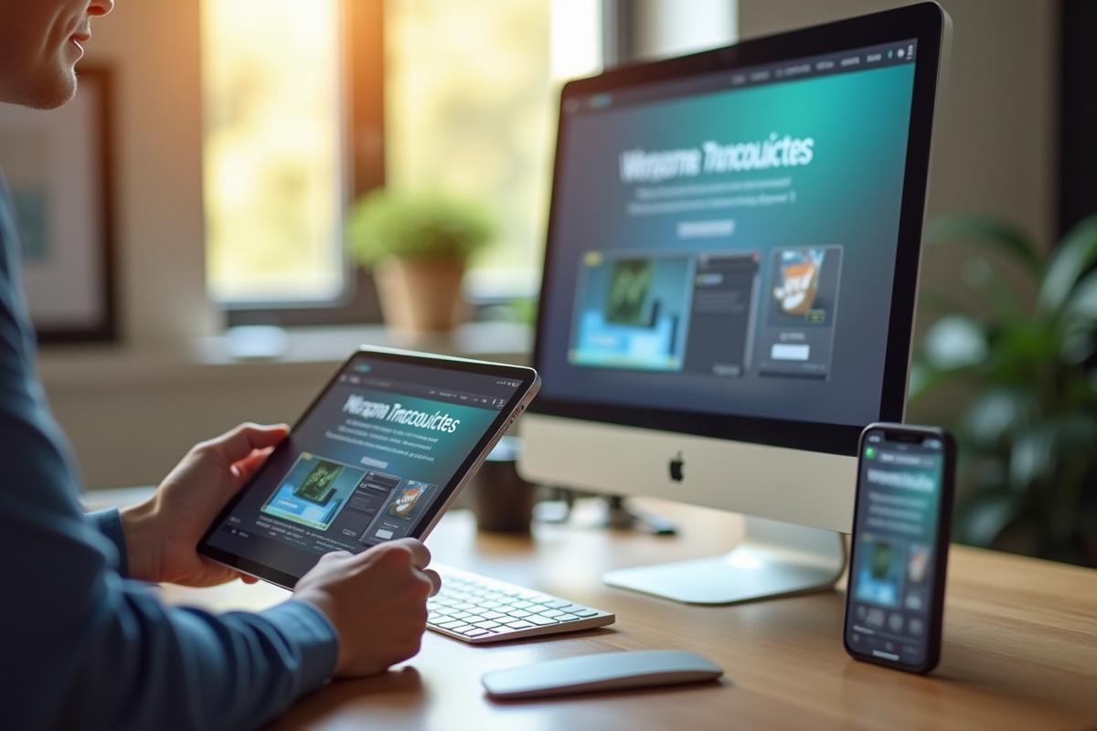 Mains tenant une tablette avec un site responsive en arrière-plan