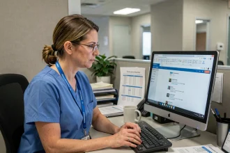 Personnel hospitalier du CHU de Reims consultant sa messagerie Zimbra sur un ordinateur de bureau dans un bureau administratif