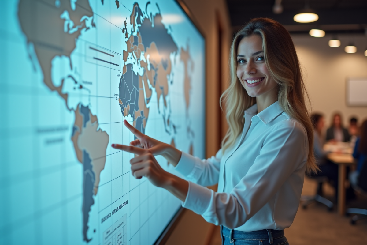 Femme pointant un graphique mondial dans une salle de réunion