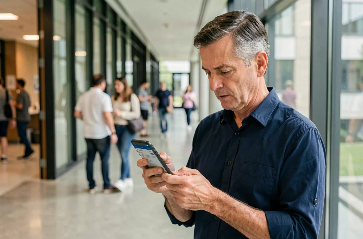 Professeur vérifiant ses emails académiques sur smartphone dans un couloir d'université de Montpellier