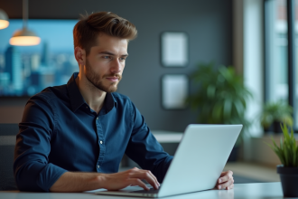 Jeune homme professionnel informatique travaillant sur un ordinateur