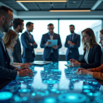 Groupe de professionnels observant une carte 5G holographique
