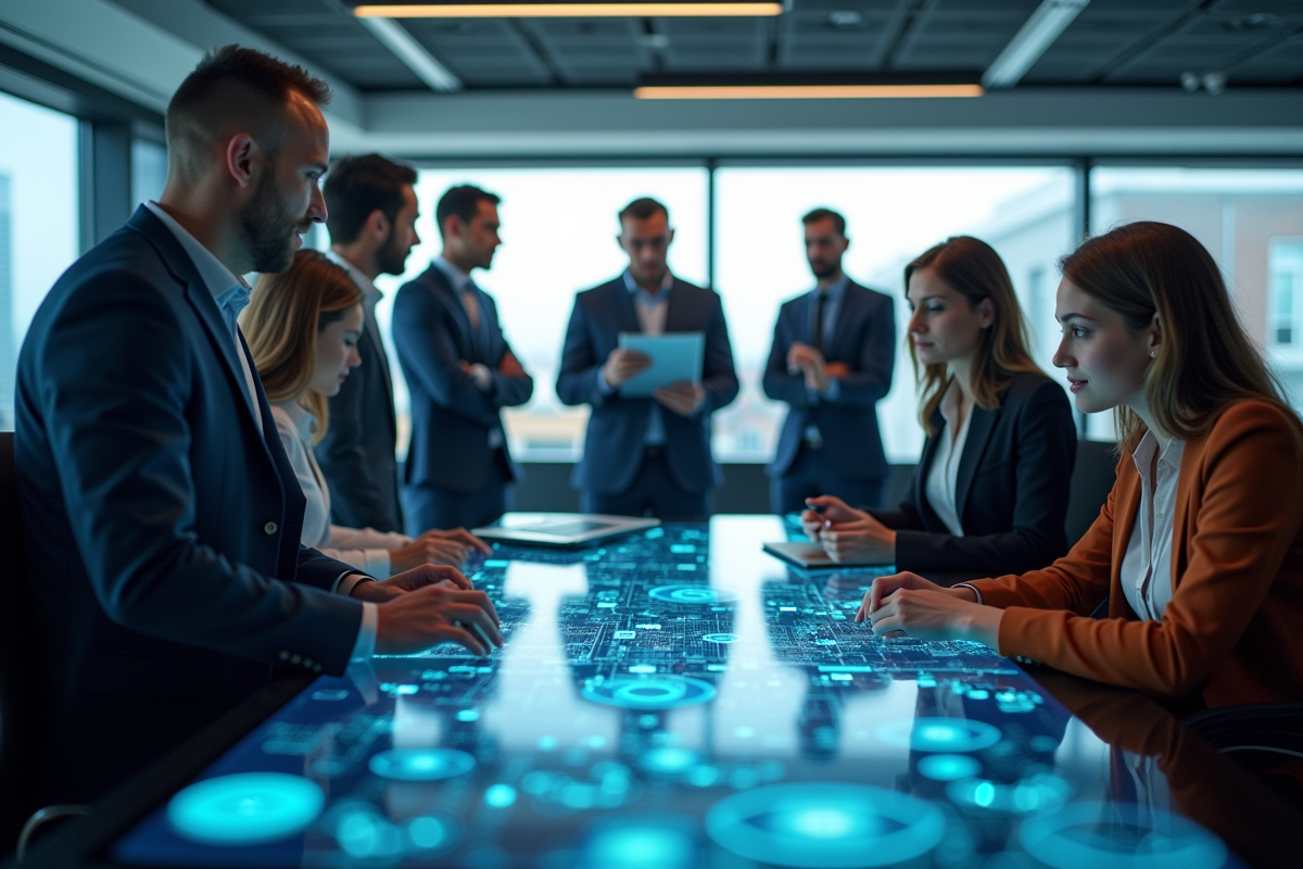 Groupe de professionnels observant une carte 5G holographique