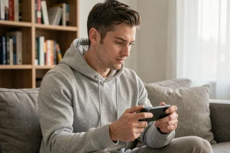 Homme jouant sur une PS Portal dans un salon moderne, illustrant l'utilisation du cloud gaming en mobilité