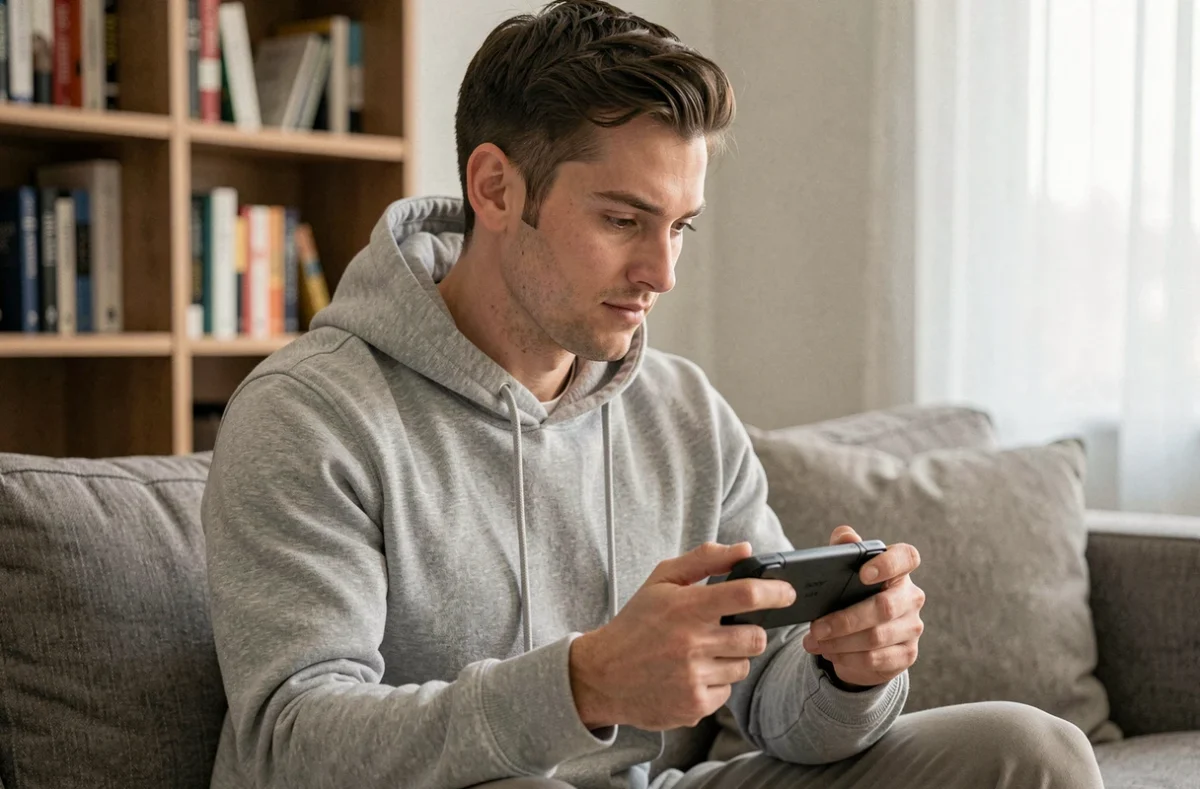 Homme jouant sur une PS Portal dans un salon moderne, illustrant l'utilisation du cloud gaming en mobilité