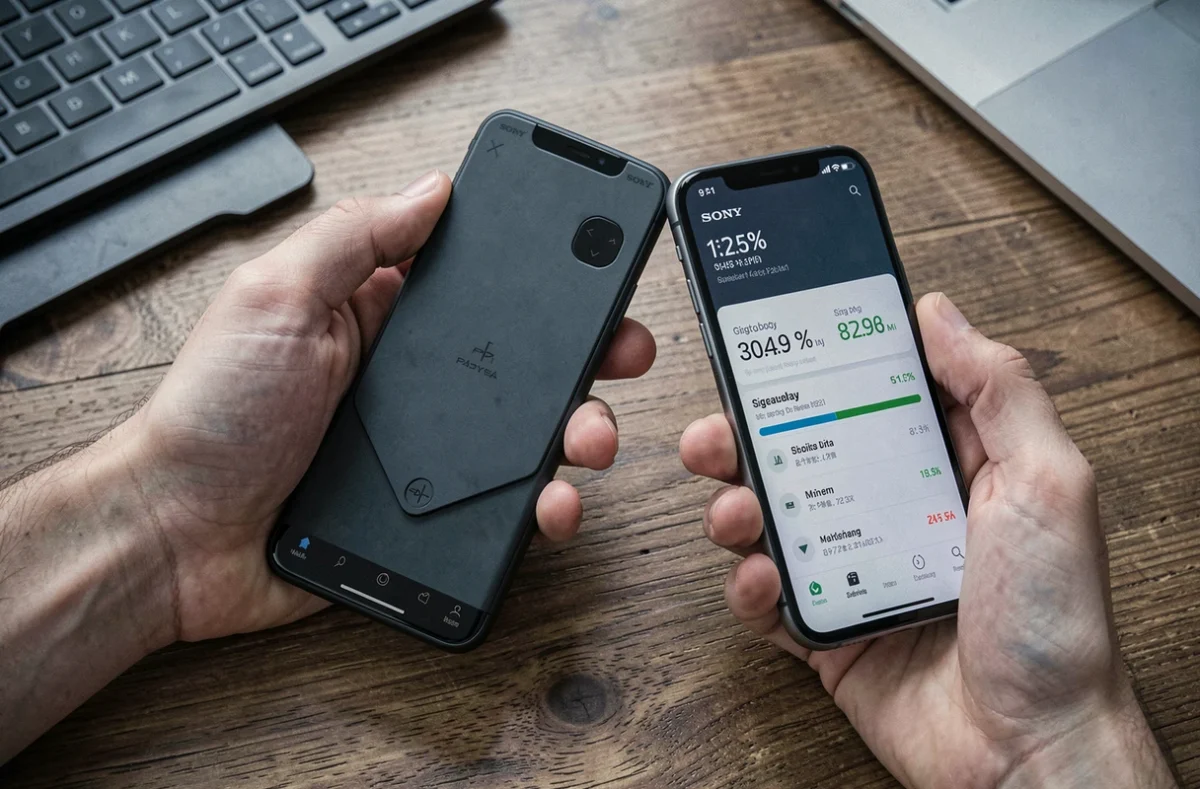 Gros plan sur une PS Portal et un smartphone affichant la consommation de données mobiles en Go
