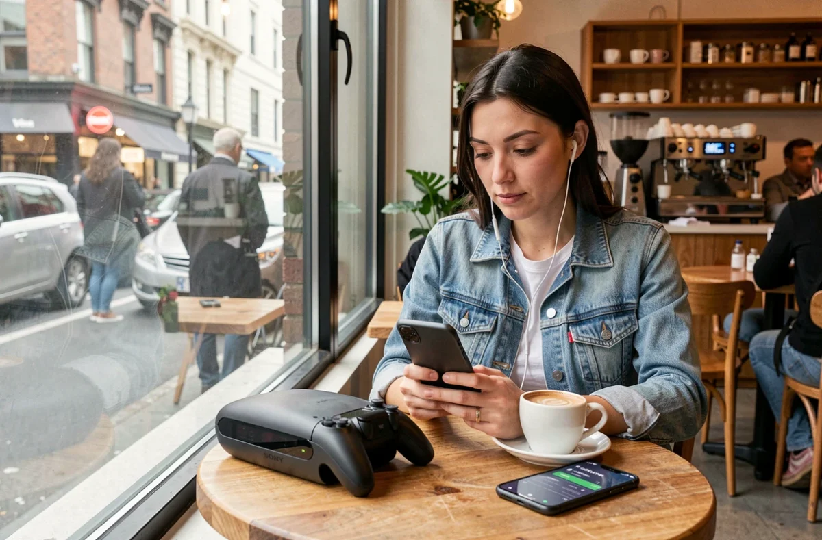 Femme consultant sa consommation de données mobiles dans un café avec une PS Portal sur la table