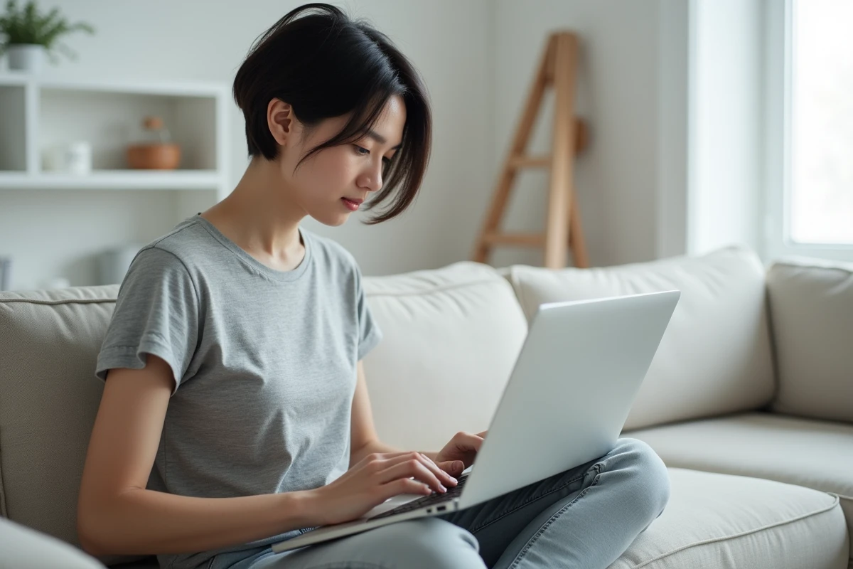Femme utilisant les raccourcis clavier avec la touche Maj sur un MacBook dans un salon minimaliste