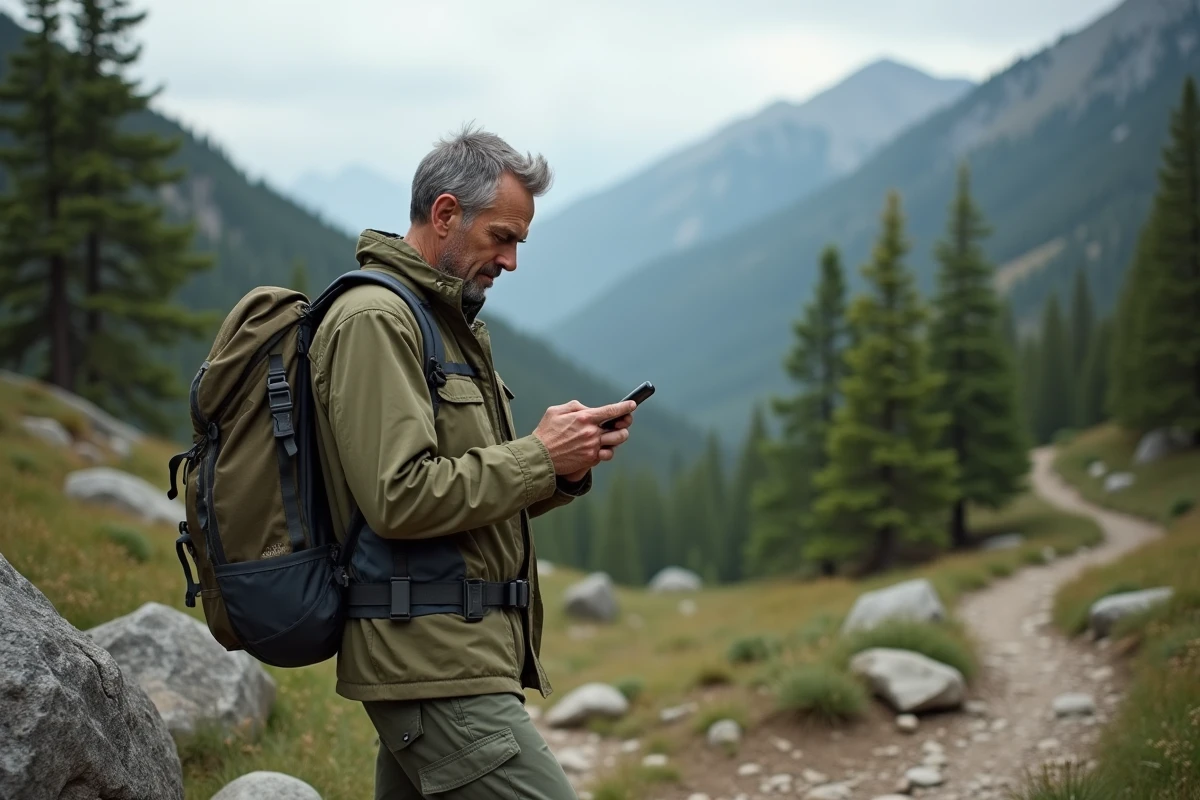 Randonneur vérifiant la batterie de son téléphone Android robuste en pleine nature lors d'une randonnée