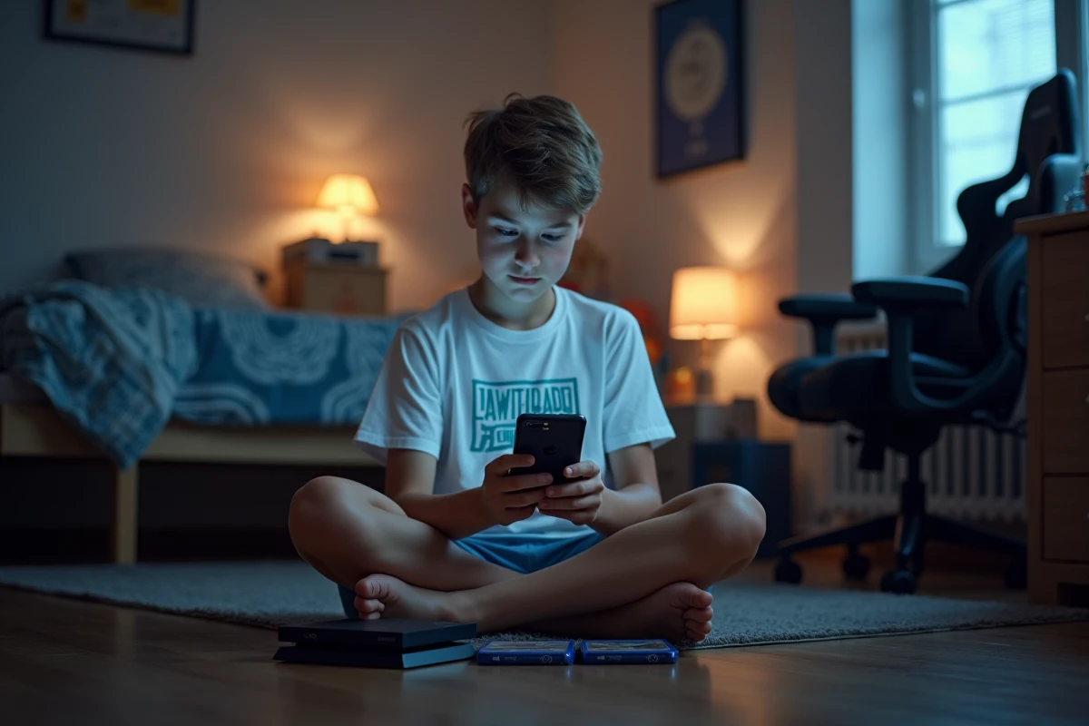 Adolescent recherchant le numéro Sony PlayStation sur son téléphone dans sa chambre gaming