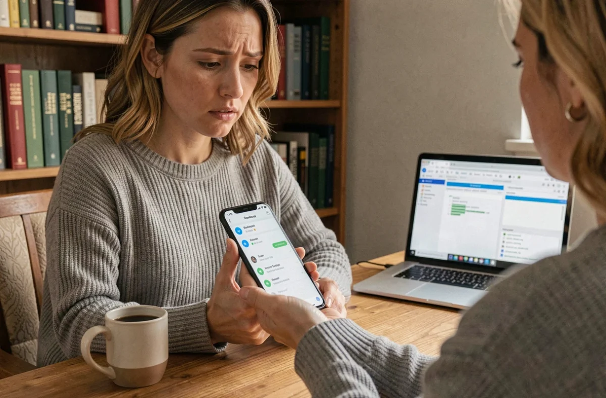 Femme récupérant des SMS effacés sur son smartphone Android depuis un bureau à domicile