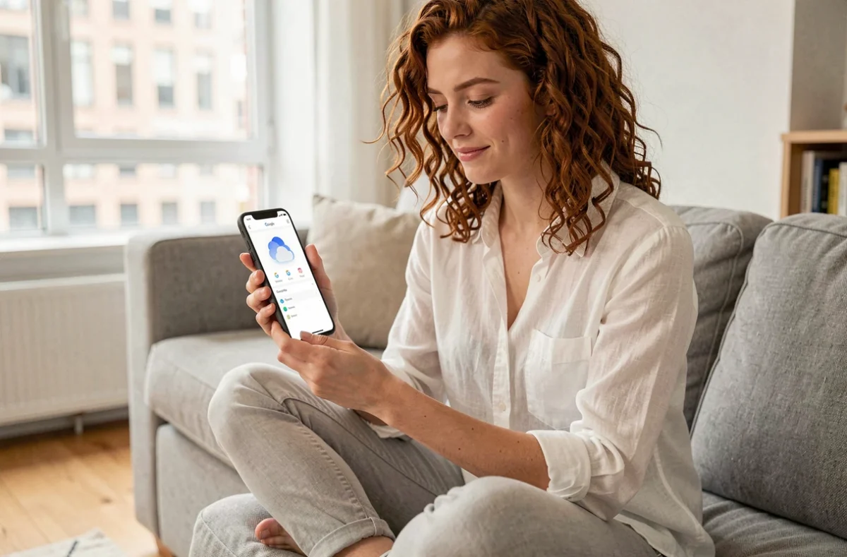 Jeune femme restaurant des SMS effacés via une sauvegarde cloud sur son téléphone sans PC