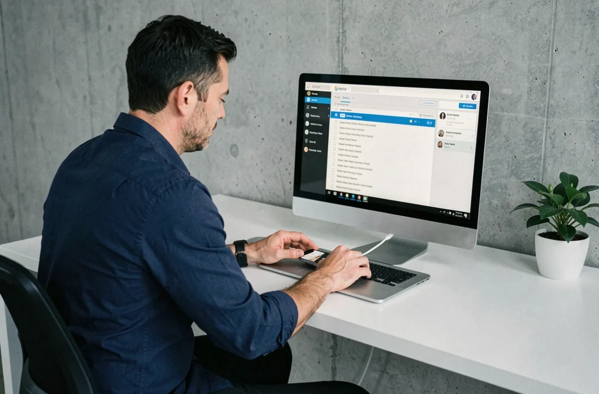 Homme restaurant des SMS supprimés depuis un iPhone connecté à un PC avec un logiciel de récupération